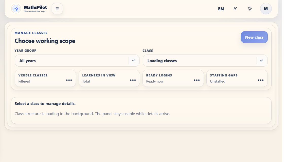 MathsPilot school class roster and setup screen